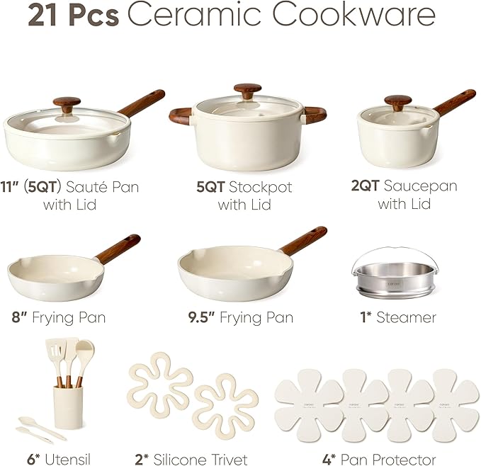 CAROTE 21pcs Cookware Set Nonstick Pots and Pans Set, Ceramic Cookware Set Induction Cookware, Non toxic Healthy Non Stick Kitchen Cooking Set, PFAS PTFE Free, White