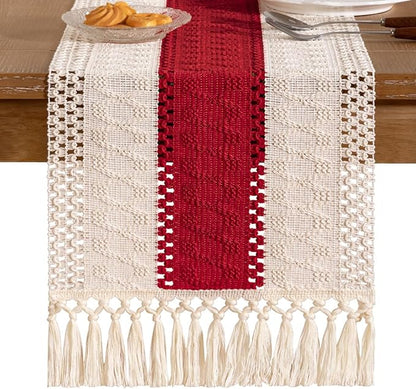 Socomi Boho Table Runner Valentine's Day Farmhouse Rustic Dining Kitchen Centerpiece Decor Small Macrame Woven Cotton Linen Coffee Table Runner for Dresser Scarf Home Decor 12x36 in Red Ivory