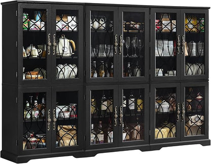 67" Tall Pantry Cabinet Set of 3, Vintage Kitchen Pantries Cabinets with Glass Doors & Adjustable Shelves, Wood Cupboard with Large Storage for Dingning Room, Bathroom, Black