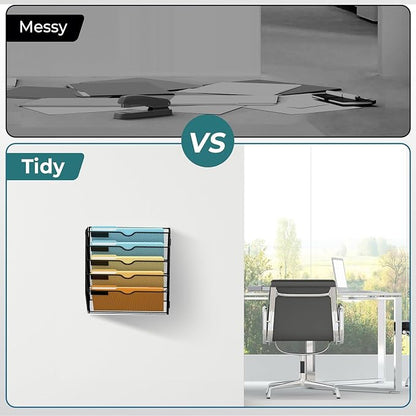 SUPEASY 5 Tier Wall File Organizer, Hanging Wall Mounted Mail Organizer with Label Slots, Metal Mesh File Holder Magazine Rack for Office, Home, School or Classroom, Black, 2Pack