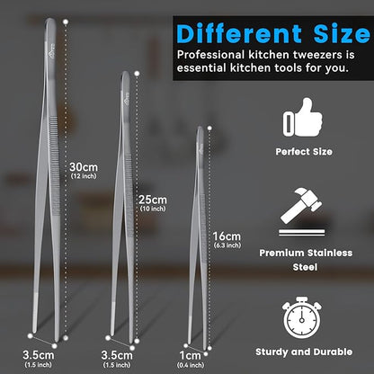HOTEC Kitchen Tweezers Tongs Stainless Steel Professional Chef Tweezers, Set of 3-6.3", 10" and 12inch Food Tongs for Cooking, Repairing, Dessert, BBQ, Meat, Pasta, Silver