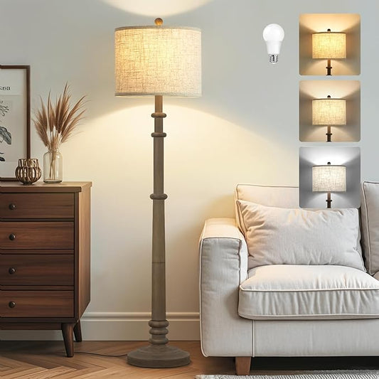 Floor Lamps for Living Room - 60" Resin Farmhouse Floor Lamp with Adjustable Color Temperatures - Vintage Standing Lamp Reading Light with Linen Shade Retro Tall Lamp for Bedroom Office, Grey
