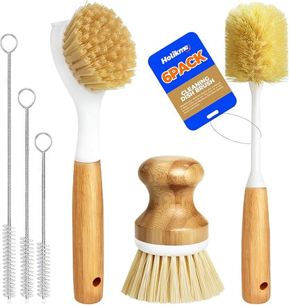 Holikme 6 Pack Dish Brush Kitchen Brushes Set with Vegetable Palm Brush, Bottle Brush, Dish Brush and Straw Brush, Fruit Cleaning Brushes for Cleaning Potato, Amarillo