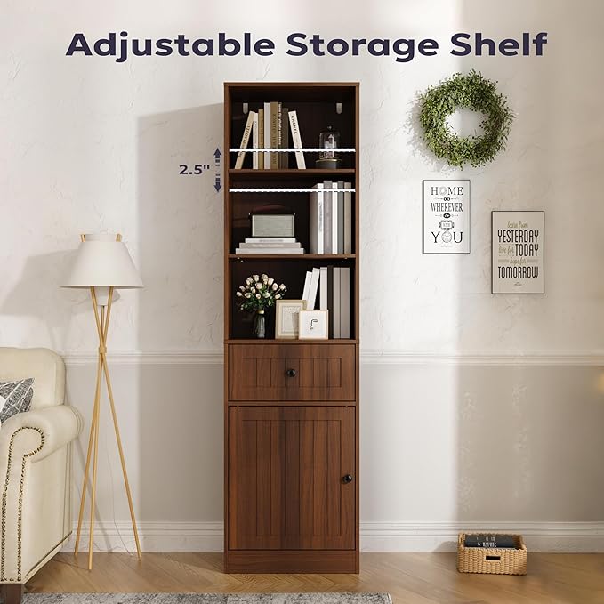 Farmhouse 71" Tall Bookshelf with Drawer, Narrow Bookcase with Adjustable Left/Right Door, Adjustable Shelf, Freestanding Display Book Shelf for Bedroom,Living Room, Office, Walnut