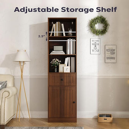Farmhouse 71" Tall Bookshelf with Drawer, Narrow Bookcase with Adjustable Left/Right Door, Adjustable Shelf, Freestanding Display Book Shelf for Bedroom,Living Room, Office, Walnut