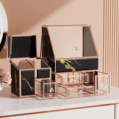 Makeup Organizer Black,Glass Vanity Organizer for Skincare, Perfume, Brushes & Lipsticks – Countertop Makeup Storage Box for Women, Bathroom or Dresser