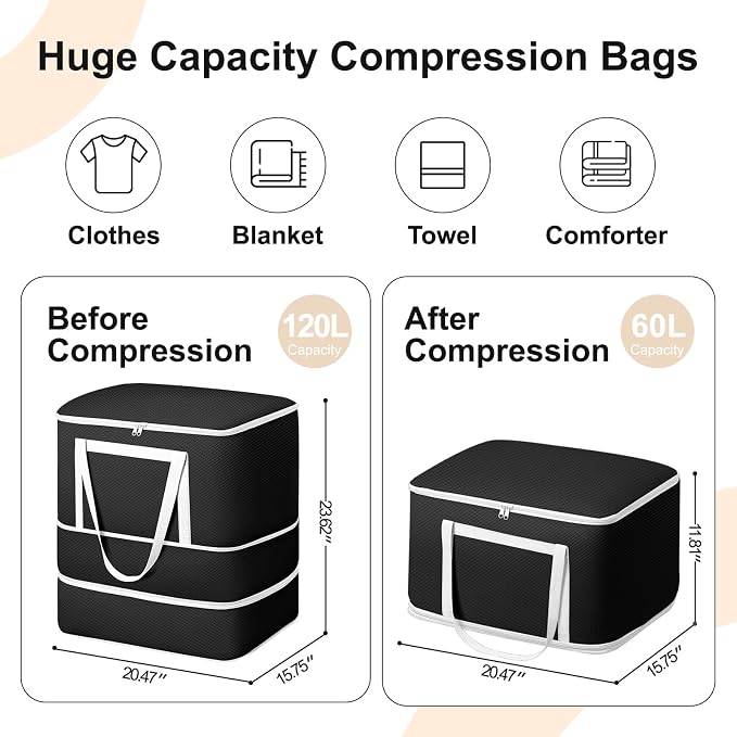 Comforter Storage Bag - 120L Bedding Storage Bags for Moving Closet, Washable Blanket Storage Bag, Ultra Space Saving Self Compression Organizer, 2-Pack, Black