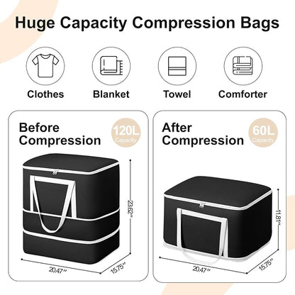 Comforter Storage Bag - 120L Bedding Storage Bags for Moving Closet, Washable Blanket Storage Bag, Ultra Space Saving Self Compression Organizer, 2-Pack, Black