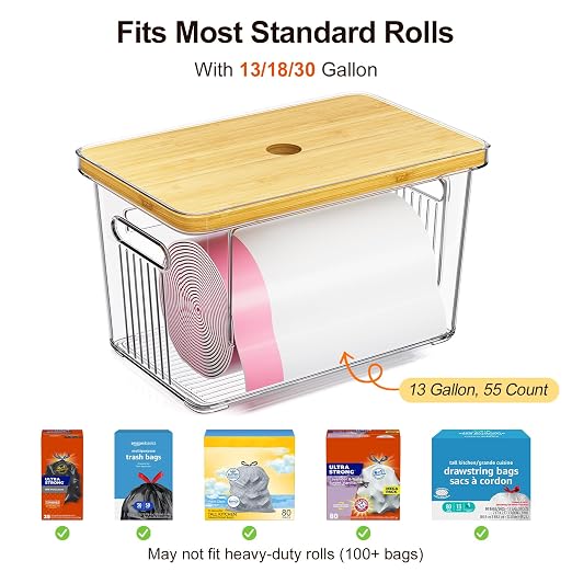 2 Pack Trash Bag Holder with Bamboo Lid, Stackable Acrylic Trash Bag Dispenser Roll Holder Under Sink, Plastic Container Garbage Bags Storage Organizer for Kitchen, Pantry, Laundry Room Organization