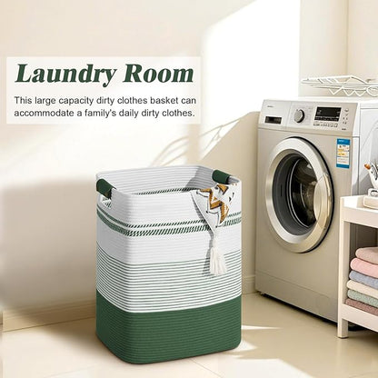 Degeyoyo Laundry Hamper, 95L Tall Laundry Basket with Leather Handles, Rectangle Large Clothes Hamper for Organizing, Cotton Woven Laundry Baskets Storage Hampers for Bedroom, Nursery, Living Room