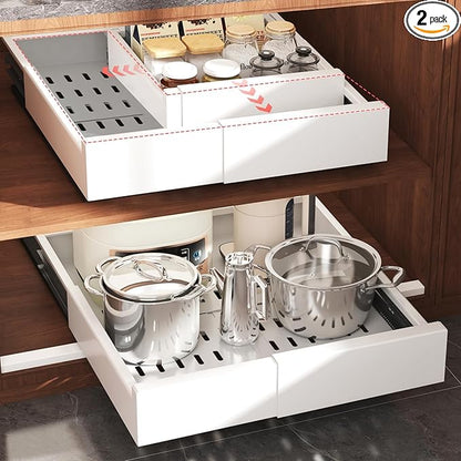 Seinloes Pull Out Cabinet Organizer,4-Side Expandable to Maximize Cabinet Space,Slide Out Drawers with 3 Rail Design,Roll Out Shelf with Raising Pad for Framed Cabinet,11"-16"W x 13"-17"D,White,2 Pack