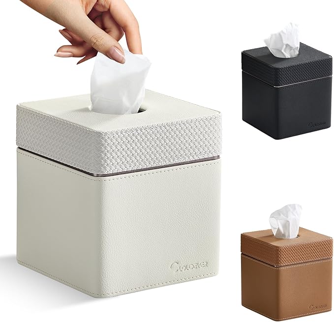 Cloudever Tissue Box Holder Cover, Modern PU Leather Square Decorative Tissue Holder Organizer-Woven New Off White