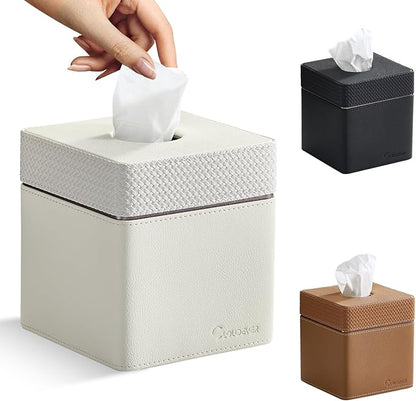 Cloudever Tissue Box Holder Cover, Modern PU Leather Square Decorative Tissue Holder Organizer-Woven New Off White
