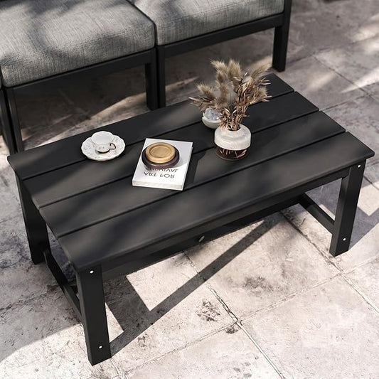 37.6 Inch HDPE Patio Coffee Table, Weather-Resistant Outdoor Coffee Table Easy Assembly for Lawn, Garden, Balcony, Deck (Black Frame)