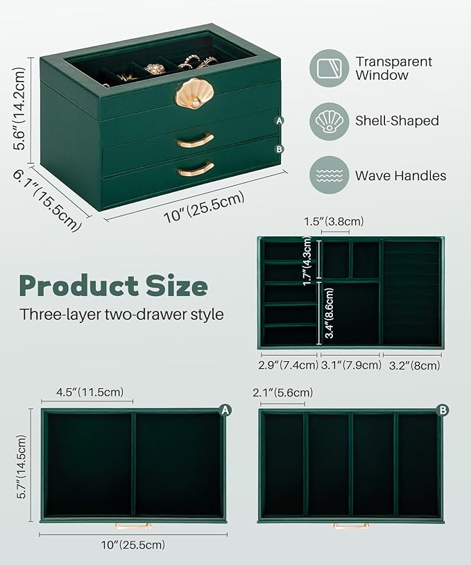 Jewelry Box with 2 Drawers: Display Organizer for Earrings Necklaces - Christmas Gifts for Girls Women (Forest Green)