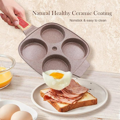 Ceramic Egg Frying Pan with Lid, Nonstick 4 Cup Fried Egg Pan with Detachable Handle, Omelette Pan Induction Compatible - Brown