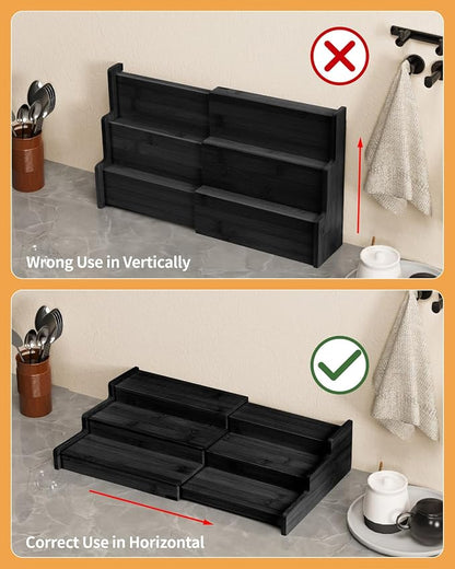 VenDotbi Spice Rack, 3-Tier Expandable Bamboo Spice Rack Organizer for Cabinet, Kitchen, Pantry and Cupboard Storage Organizer-Black(2pack)