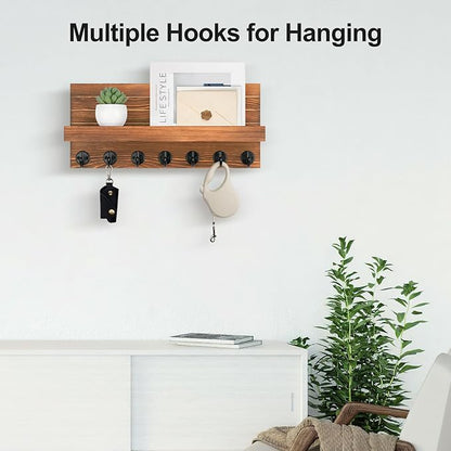 Key Holder Wall Mount, Entryway Key and Mail Holder with 7 Sturdy Hooks for Sunglasses, Dog Leash, Decorative Wall Shelf with Mounting Hardware, 15”W x 6.7”H x 4.2”D
