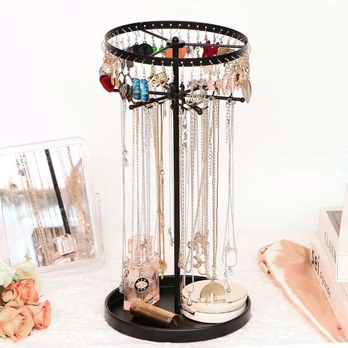 360 Rotating 2-Tier Jewelry Organizer Stand, Large Earring Holder Organizer with 48 Holes for Studs，24 Prongs for Necklaces, Wide Base for Bracelets, Watches, Lipstick, Jewelry Display Stand for Women