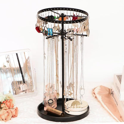 360 Rotating 2-Tier Jewelry Organizer Stand, Large Earring Holder Organizer with 48 Holes for Studs，24 Prongs for Necklaces, Wide Base for Bracelets, Watches, Lipstick, Jewelry Display Stand for Women
