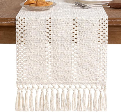 Socomi Boho Table Runner Valentine's Day Farmhouse Rustic Dining Kitchen Centerpiece Decor Small Macrame Woven Cotton Linen Coffee Table Runner for Dresser Scarf Home Decor 12x60 inch Cream Ivory