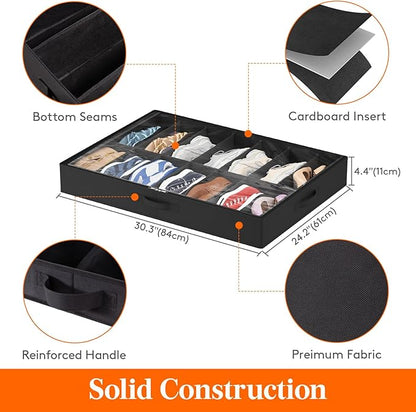 Lifewit Under Bed Shoe Storage Organizer 1 Pack(14 Shoes Cells+4 Boots Cells), 4.3 Inches Profile Fabric Shoes Container Box with Clear Cover, Foldable Storage Bag with 2 Handles, Fits 11 to 18 Pairs