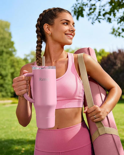Renoj Tumbler with Handle 100% Leak Proof Insulated Water Bottle for Iced Coffee & Hot Drinks - Fits Car Cup Holder, Ideal Gift, 2 Straws & Silicone Boot BPA-Free - SnapShift Pink 32 oz
