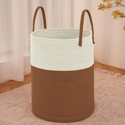 JMvicyroam Large Woven Laundry Basket Hamper,100L Cotton Rope Storage Bin for Blankets,Toys and Clothes,Decorative Tall Nursery Hamper for Living Room,Baby Nursery,Bathroom and Bedroom,White and Brown