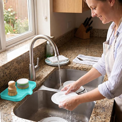MicoYang Silicone Soap Dish with Drain Spout — Self-Draining Sink Organizer Tray for Bathroom & Kitchen, Sponges, Dispensers & Soap Holder, Non-Slip & Dishwasher Safe, Mint (Medium, 9.6"×5.3")
