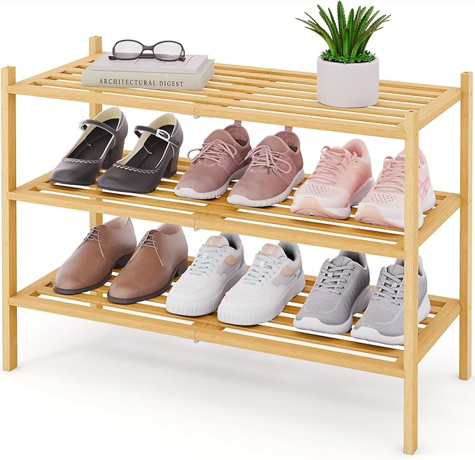 Smiry Bamboo Shoe Rack 3-Tier, Stackable Wooden Shoe Organizer for Entryway & Closet, Free Standing Wood Shoe Storage Shelf for Front Door & Small Spaces, Natural