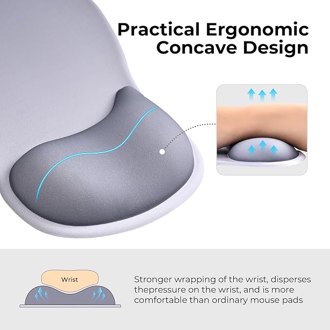 EooCoo Ergonomic Mouse Pad with Gel Wrist Rest Support Middle Concave Design, Relieve Wrist Pain Mousepad, Non-Slip Base for Laptop, Computer, Office Desk Accessories, Carpal Tunnel Syndrome Grey