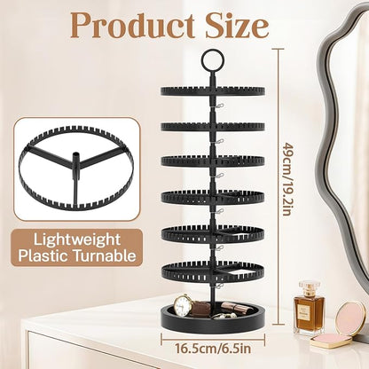 iDavosic.ly 6 Tier Rotating Earring Holder Organizer with Wooden Tray, Large Dangle Display Stands Tree with 342 Plastic Grooves, Adjustable Hoop Storage Rack, Space Saving Tower, Black
