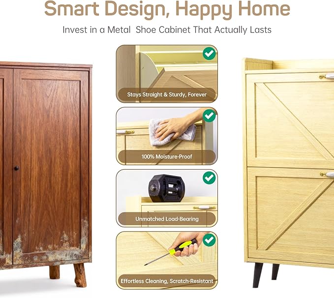 Shoe Storage Cabinet for Entryway with 2 Flip Drawers, Narrow Metal Slim Shoe Cabinet, Freestanding Hidden Shoe Organizer for Foyer, Hallway, Entryway - Wood Color