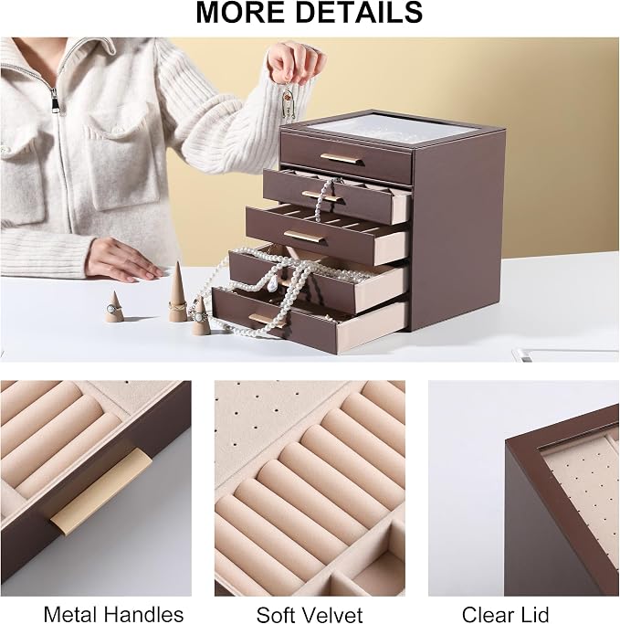 Frebeauty Clear Lid Jewelry Box,5-Layer Jewelry Organizer with Drawer,PU Leather Jewelry Organizers and Storage,Jewelry Boxes for Women,Jewelry Storage for Rings Earring Stud,Gift for Women(Brown)