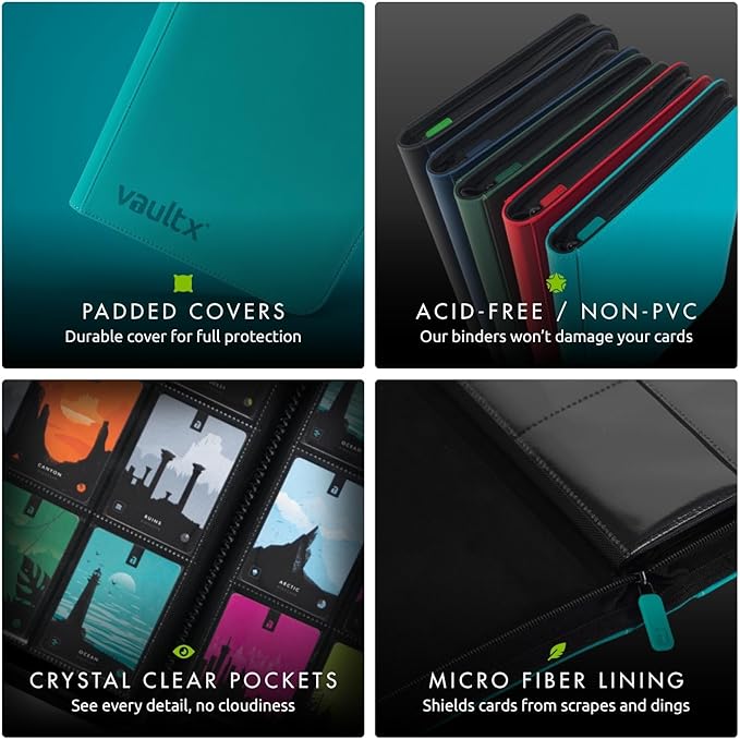 Vault X 12 XL Pocket Zip Binder, 624 Cards, Exo-Tec Material, 26 Side-Loading Pages (Teal)