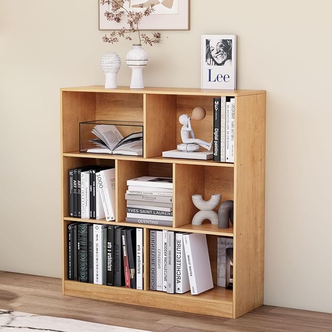 7-Cube Wooden Bookshelf with Base,3-Tier Freestanding Open Storage Organizer,Multi-Functional Bookcase for Living Room,Bedroom,Study and Office (Oak, 7-Cube)