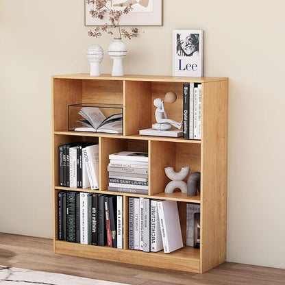 7-Cube Wooden Bookshelf with Base,3-Tier Freestanding Open Storage Organizer,Multi-Functional Bookcase for Living Room,Bedroom,Study and Office (Oak, 7-Cube)