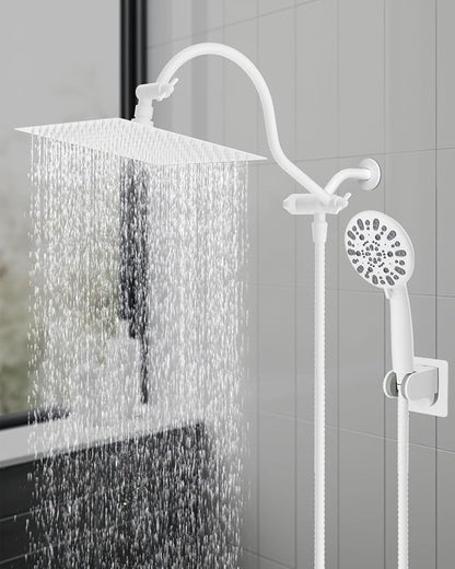 Hibbent All Metal High Pressure Rainfall 10'' Shower Head, Handheld Showerhead Combo, 12'' Adjustable Shower Extension Arm, 7-Spray, 71'' Hose, Adhesive Showerhead Holder, White