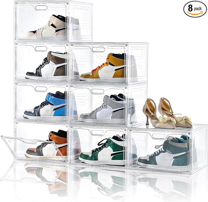 Amllas 8 Pack Shoe Boxes Clear Plastic Stackable, Large Shoe Storage Organizer with Lids,Drop Side Shoe Containers for Entryway,Sneaker Storage Fit up to US Size 13 (13’’x 10.6”x 8.3”)