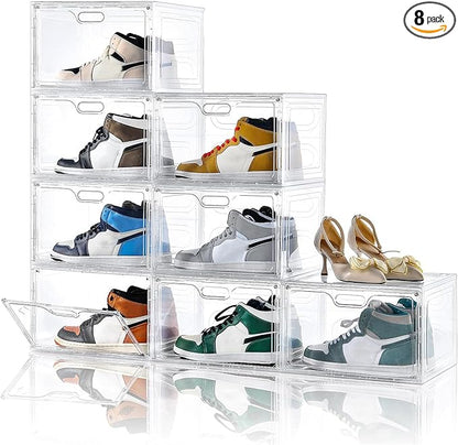 Amllas 8 Pack Shoe Boxes Clear Plastic Stackable, Large Shoe Storage Organizer with Lids,Drop Side Shoe Containers for Entryway,Sneaker Storage Fit up to US Size 13 (13’’x 10.6”x 8.3”)