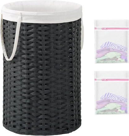 34.3 Gal (130 L) Large Laundry Hamper Laundry Basket Round Handwoven Wicker Laundry Baskets Rattan Laundry Basket with Removable Bag Handles 2 Mesh Bags for Living Room Bedroom Black (No Lid)
