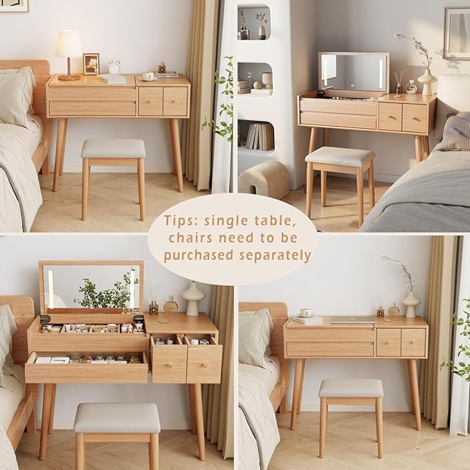 Solid Wood Vanity Desk With Flip Top Mirror And Lights, Mild Century Dressing Table Wooden 4 Drawers Storage, 40 Inch Large Make Up Vanity With 3 Lighting Modes Original, Wood Color (With Adapter)