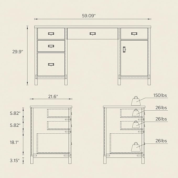 59" Executive Desk with File Drawer, Farmhouse Computer Desk with Charging Station and Storage Cabinet Wood Home Office Desk for Writing Study, Black