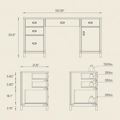 Farmhouse Wood Home Office Desk, 59" Executive Desk Computer Desk with File Drawer Charging Station and Storage Cabinet for Writing Study, Light Oak