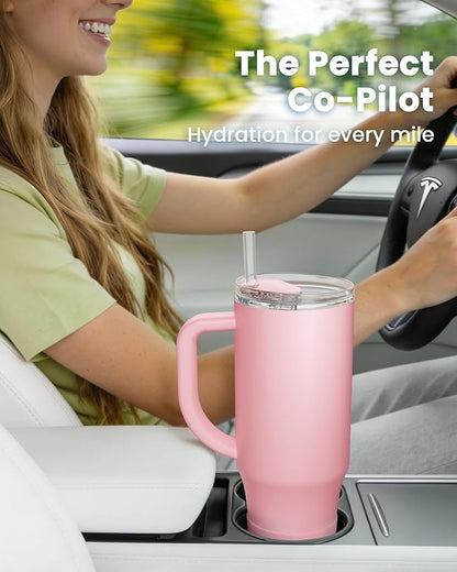 Renoj Tumbler with Handle 100% Spill Resistant Insulated Water Bottle for Iced Coffee & Hot Drinks - Fits Car Cup Holder, Ideal Gift, 2 Straws & Silicone Boot BPA-Free - FlexSlide Pink 32 oz