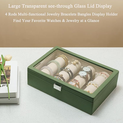 Bracelets Organizer Rods Bangles Display Holder, Clear See through Lid Leather Velvet Jewelry Storage Box Case for Women, 4 Rods Green Leather