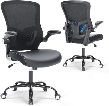 Office Chair Ergonomic Desk Chair Swivel Mid Back Mesh Computer Chair with Lumbar Support Comfy PU Leather Seat Adjustable Height Flip-up Arms Executive Task Chair,Black
