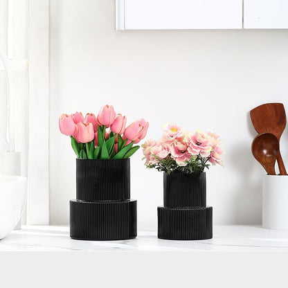 Ribbed Glass Vases for Bouquet, Set of 2 Black Glass Vases for Flowers, Black Flower Vase for Tulips, Modern Vase for Living Room, Office, Coffe Table, Dining Table, Shelf, Wedding