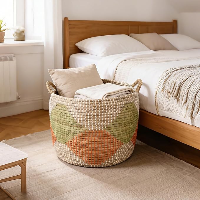 Laundry Basket, 3 Pack Seagrass Baskets, Handwoven Woven Laundry Hamper with Handles, 56L, 28L, 15L for Decor Storage of Dirty Clothes,Toys and Blankets in Bathroom, Nursery, Living Room