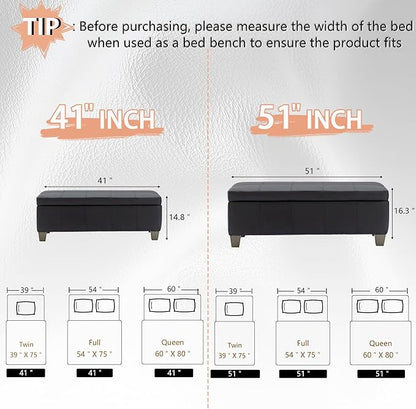 41" Storage Ottoman, Storage Bench with Safety Hinge, Upholstered Synthetic Leather Ottoman Bench for Bedroom, Living Room, Entryway, Hallway, Foot Rest, Support 500lbs, Black